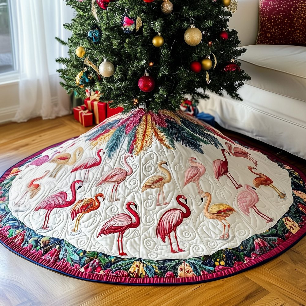 Flamingo Promenade Holiday Tree Skirt - Handmade Tropical Christmas Base With Elegant Flamingo Motif, Custom Sizes Offered