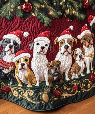 Crimson Tree Skirt With Santa Hat Bulldogs - Custom Handmade Holiday Skirt For Dog Lovers, Luxury Red Seasonal Accent