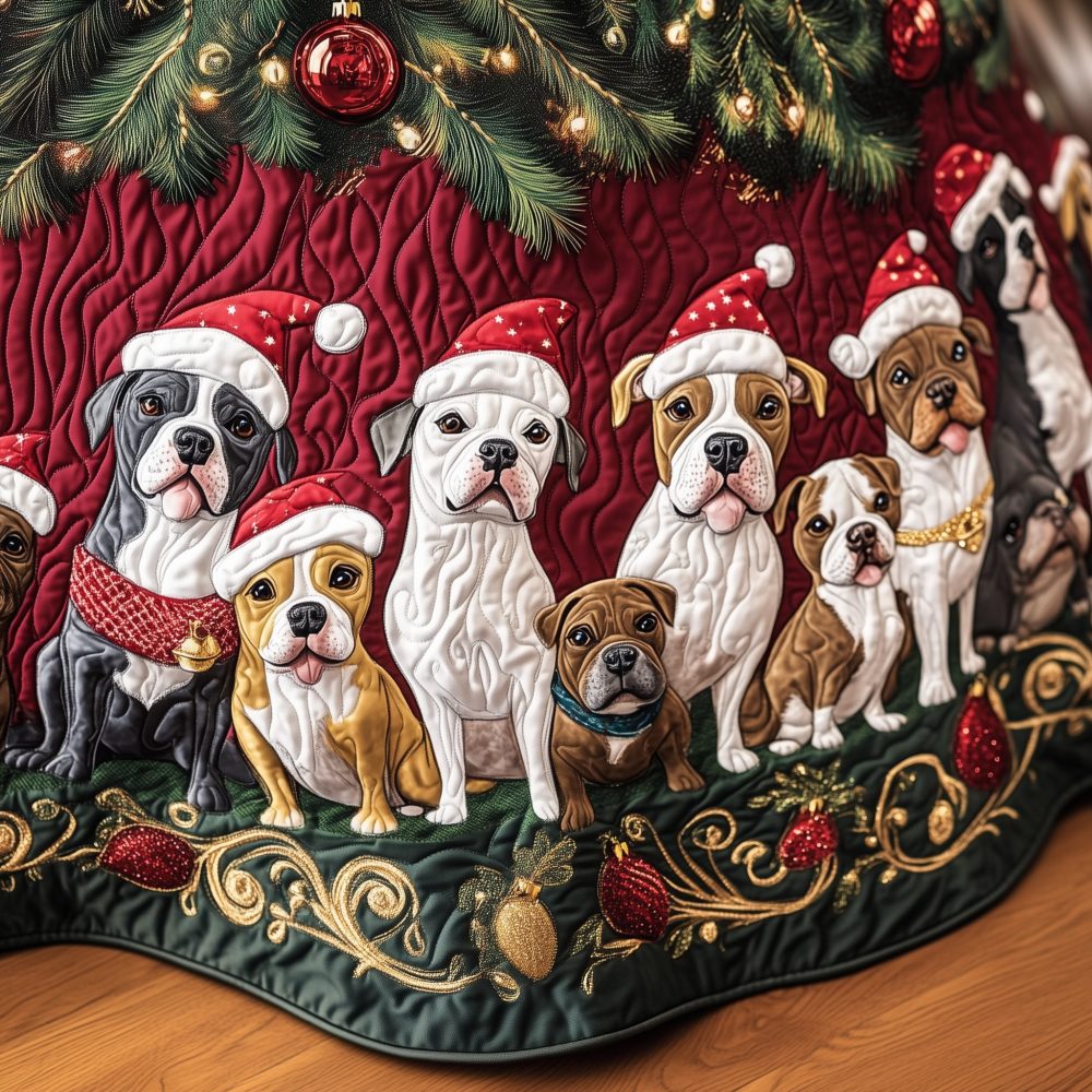Crimson Tree Skirt With Santa Hat Bulldogs - Custom Handmade Holiday Skirt For Dog Lovers, Luxury Red Seasonal Accent