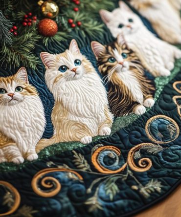 Gold Scroll Tree Skirt Featuring A Row Of Kittens - Made-To-Order Holiday Skirt, Custom Sizes And Premium Finish