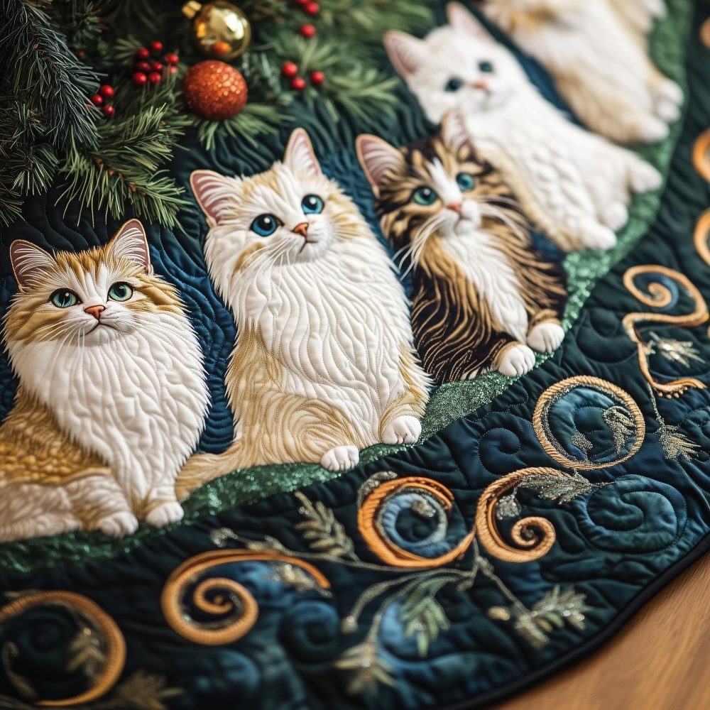 Gold Scroll Tree Skirt Featuring A Row Of Kittens - Made-To-Order Holiday Skirt, Custom Sizes And Premium Finish