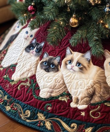 Ragdolls On Burgundy Scroll Christmas Tree Skirt - Made-To-Order Festive Ragdoll Design, Rich Burgundy Backdrop & Custom Sizes
