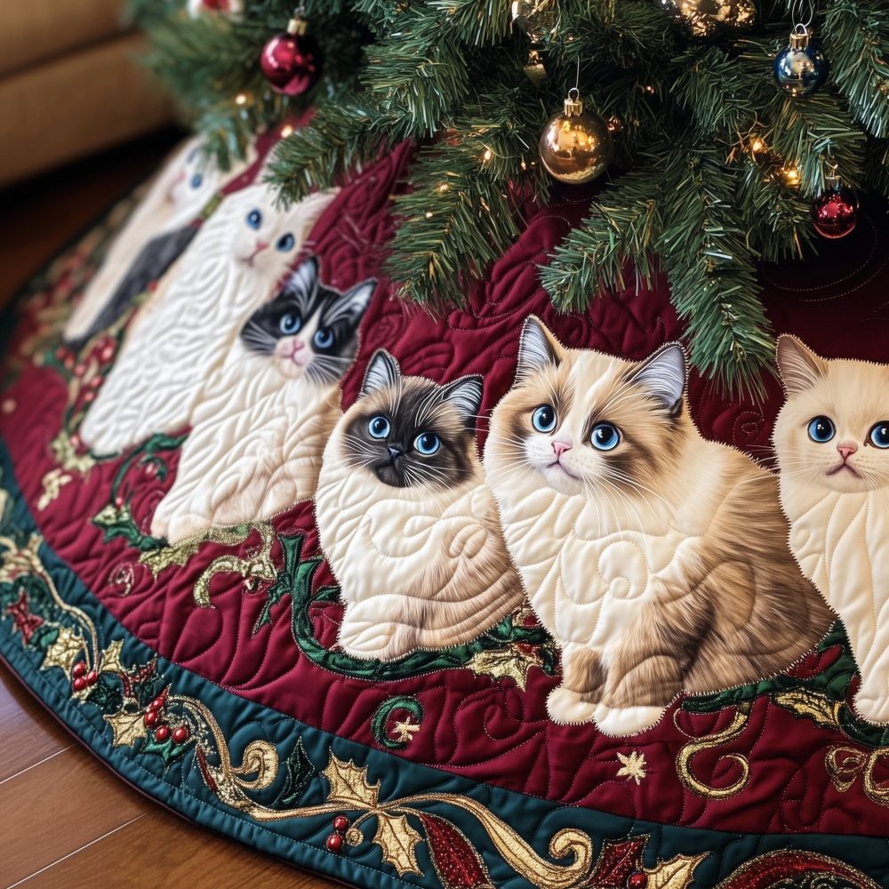 Ragdolls On Burgundy Scroll Christmas Tree Skirt - Made-To-Order Festive Ragdoll Design, Rich Burgundy Backdrop & Custom Sizes