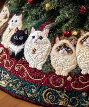 Ragdoll Kittens In Gold Vine Christmas Tree Skirt - Made-To-Order Luxury Cat-Themed Holiday Skirt, Custom Sizing & Elegant Design
