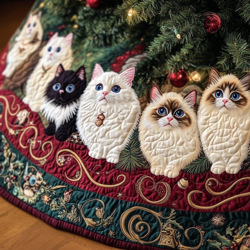 Ragdoll Kittens In Gold Vine Christmas Tree Skirt - Made-To-Order Luxury Cat-Themed Holiday Skirt, Custom Sizing & Elegant Design