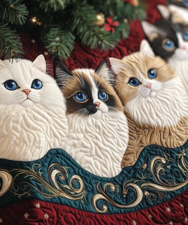 Blue Eyed Ragdoll Trio Christmas Tree Skirt - Made-To-Order Ragdoll Cat Holiday Skirt, Soft Ivory Backdrop & Custom Sizes