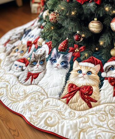 Snow-White Tree Skirt With Cats In Red Bows - Custom Handmade Christmas Skirt For Charming Holiday Centerpieces