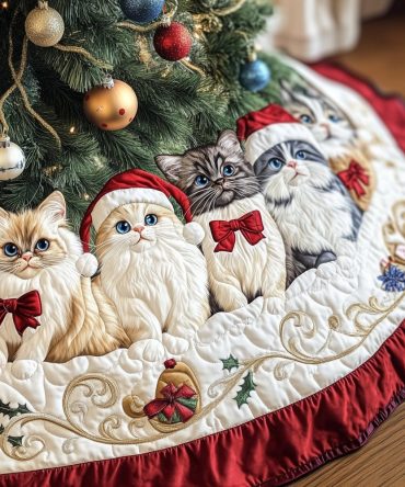 Ivory Christmas Tree Skirt With Santa Hat Kittens - Soft Handcrafted Holiday Skirt, Custom Sizes For Cozy Seasonal Styling
