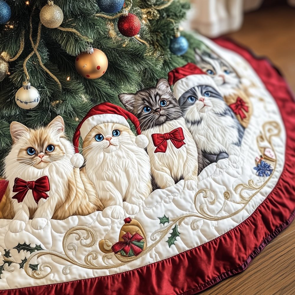 Ivory Christmas Tree Skirt With Santa Hat Kittens - Soft Handcrafted Holiday Skirt, Custom Sizes For Cozy Seasonal Styling