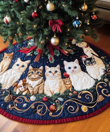 Navy And Gold Cat Gathering Tree Skirt - Made-To-Order Holiday Base With Luxe Metallic Accents, Custom Sizes Available