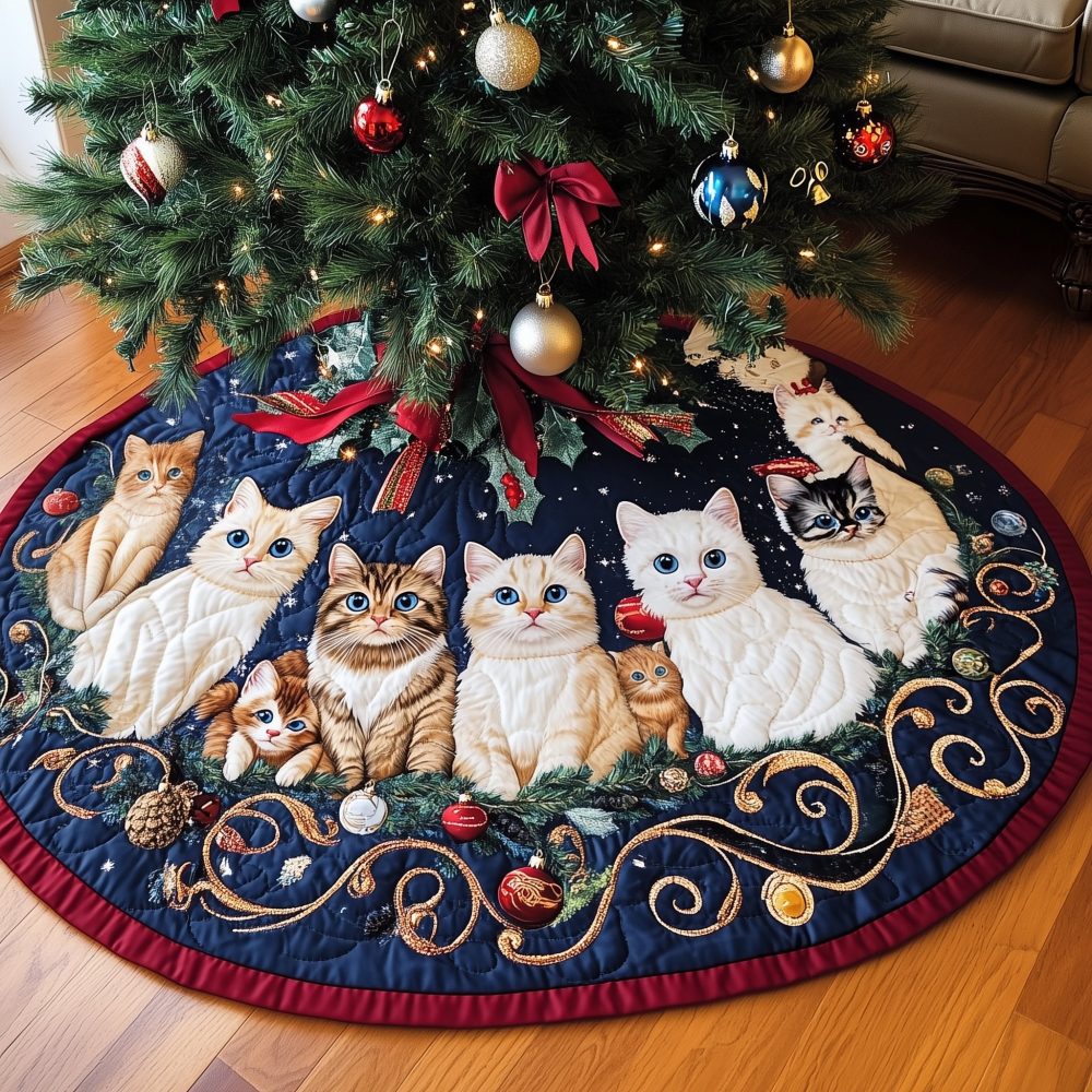 Navy And Gold Cat Gathering Tree Skirt - Made-To-Order Holiday Base With Luxe Metallic Accents, Custom Sizes Available