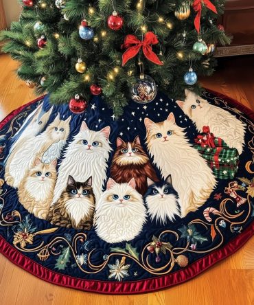 Deep Midnight Ring Tree Skirt With Elegant White Cats - Custom Handmade Christmas Skirt, Premium Navy Holiday Décor