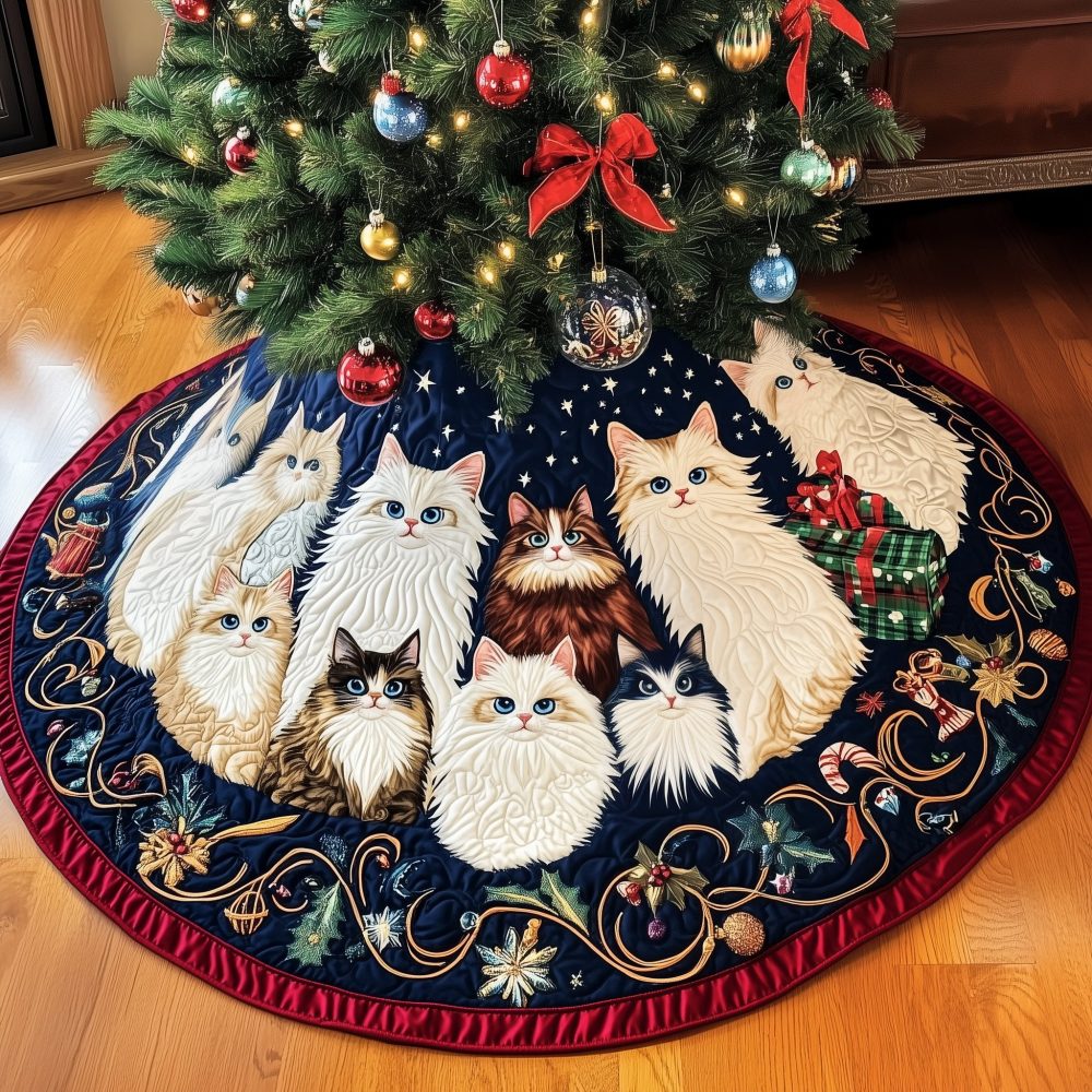 Deep Midnight Ring Tree Skirt With Elegant White Cats - Custom Handmade Christmas Skirt, Premium Navy Holiday Décor