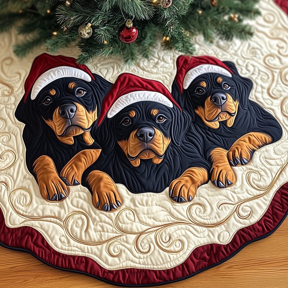 Rottweilers In Santa Hats Christmas Tree Skirt - Made-To-Order Festive Rottweiler Skirt, Durable Fabric & Custom Fit Options