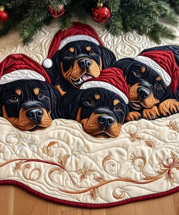 Rottweiler Pups On Ivory Scroll Christmas Tree Skirt - Made-To-Order Classic Ivory Holiday Skirt, Personalized Sizing Available