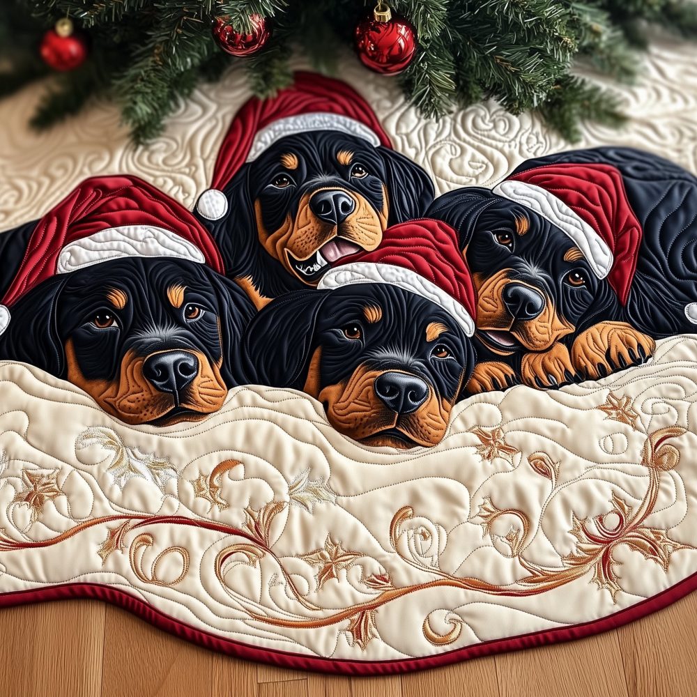 Rottweiler Pups On Ivory Scroll Christmas Tree Skirt - Made-To-Order Classic Ivory Holiday Skirt, Personalized Sizing Available