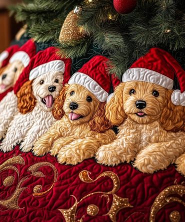 Doodle Pups In Santa Hats Red Christmas Tree Skirt - Made-To-Order Festive Skirt, Bright Holiday Red & Custom Size Options