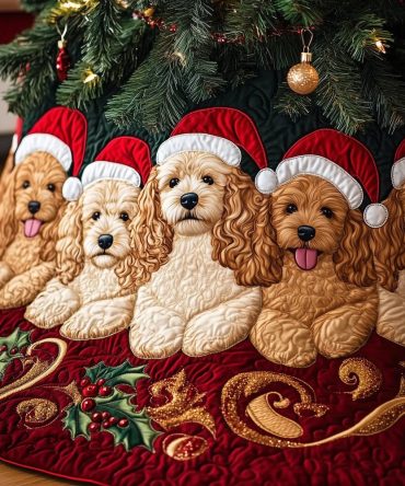 Cockapoo Row On Crimson Gold Christmas Tree Skirt - Made-To-Order Holiday Skirt With Luxe Colorway & Custom Sizing Options