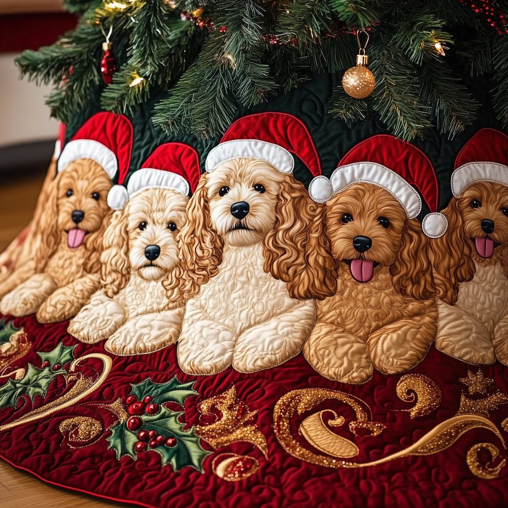 Cockapoo Row On Crimson Gold Christmas Tree Skirt - Made-To-Order Holiday Skirt With Luxe Colorway & Custom Sizing Options