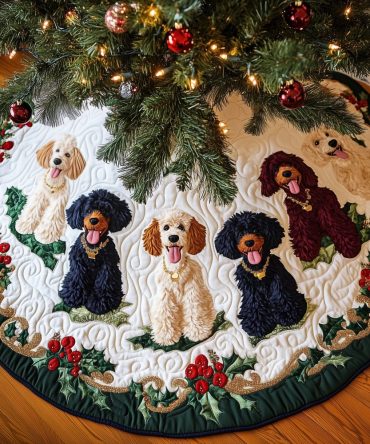 Poodles On The Ivory Medallion Christmas Tree Skirt - Made-To-Order Elegant Holiday Skirt, Soft Ivory Backdrop & Custom Fits