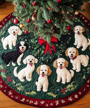 Poodle Circle On Evergreen Christmas Tree Skirt - Made-To-Order Festive Skirt, Eco-Tone Evergreen Design & Custom Size Options