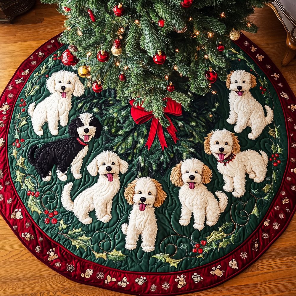 Poodle Circle On Evergreen Christmas Tree Skirt - Made-To-Order Festive Skirt, Eco-Tone Evergreen Design & Custom Size Options