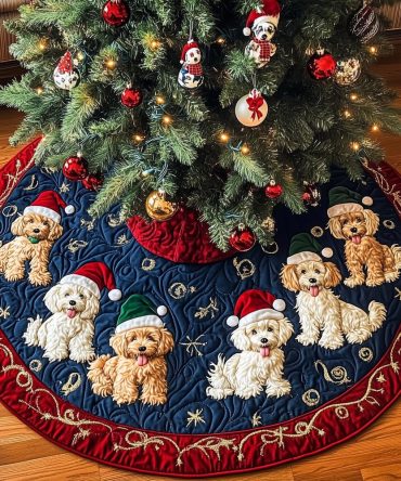 Santa Hat Poodles On Navy Christmas Tree Skirt - Made-To-Order Holiday Skirt, Premium Navy Backdrop & Customizable Sizes