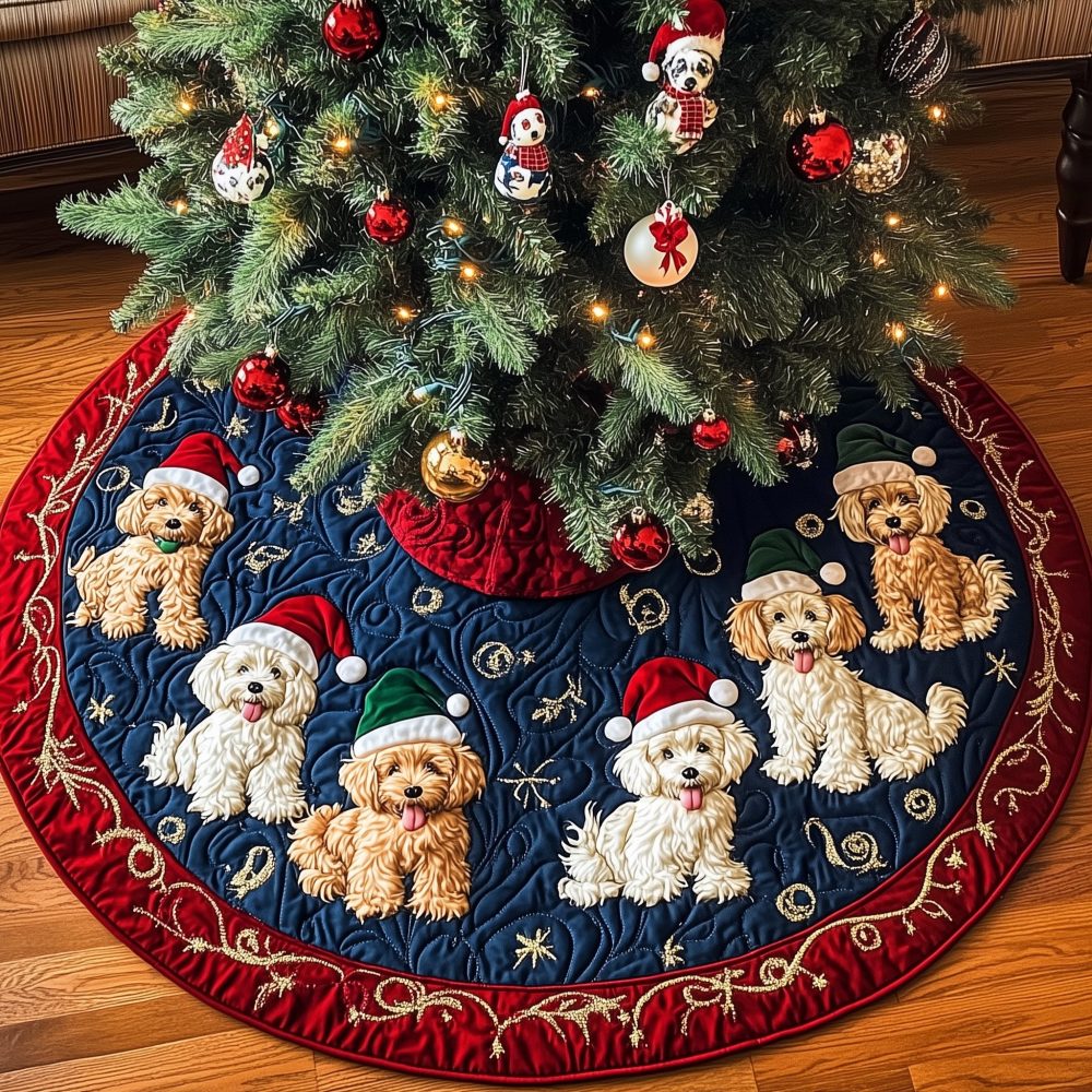Santa Hat Poodles On Navy Christmas Tree Skirt - Made-To-Order Holiday Skirt, Premium Navy Backdrop & Customizable Sizes