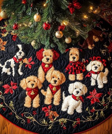 Doodles In Tartan Jumpers Christmas Tree Skirt - Made-To-Order Luxury Holiday Skirt, Custom Fit & Festive Dog Design