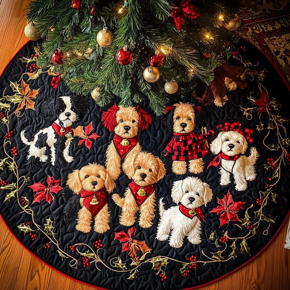 Doodles In Tartan Jumpers Christmas Tree Skirt - Made-To-Order Luxury Holiday Skirt, Custom Fit & Festive Dog Design