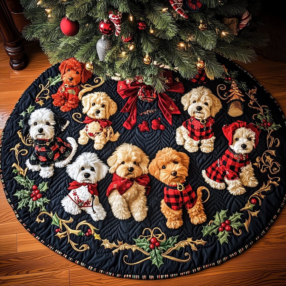 Poodle Pack In Plaid Coats Christmas Tree Skirt - Made-To-Order Holiday Skirt, Personalized Size & Premium Holiday Look