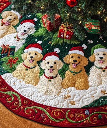 Golden Doodles Snowbank Christmas Tree Skirt - Made-To-Order Designer Holiday Skirt, Soft Durable Fabric & Custom Size Options