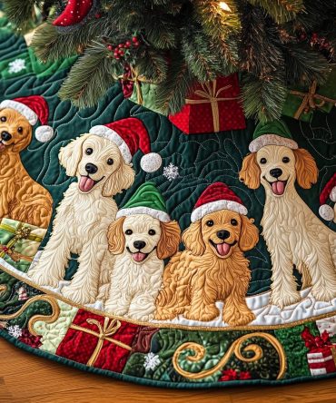 Custom Doodle Gathering Christmas Tree Skirt With Gifts Motif - Made-To-Order Holiday Skirt, Premium Fabric & Personalized Sizing
