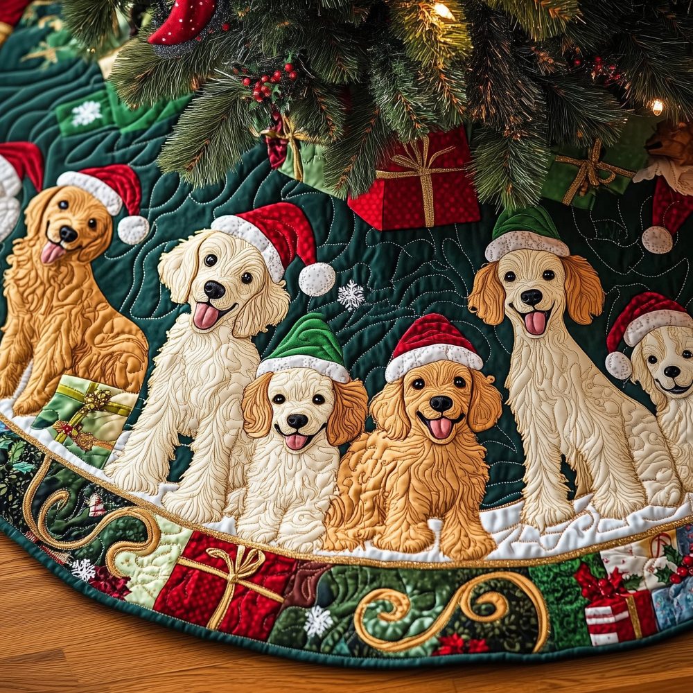 Custom Doodle Gathering Christmas Tree Skirt With Gifts Motif - Made-To-Order Holiday Skirt, Premium Fabric & Personalized Sizing