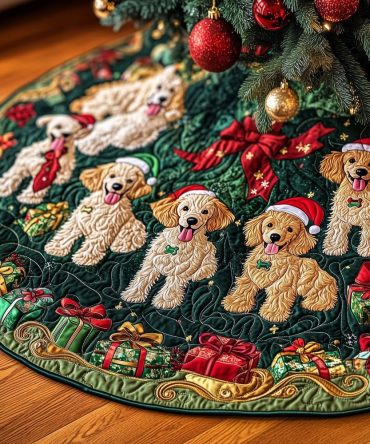 Doodle Six Gift Border Tree Skirt — Personalized Six-Dog Holiday Skirt With Festive Gift Motif, Handmade, Made-To-Order