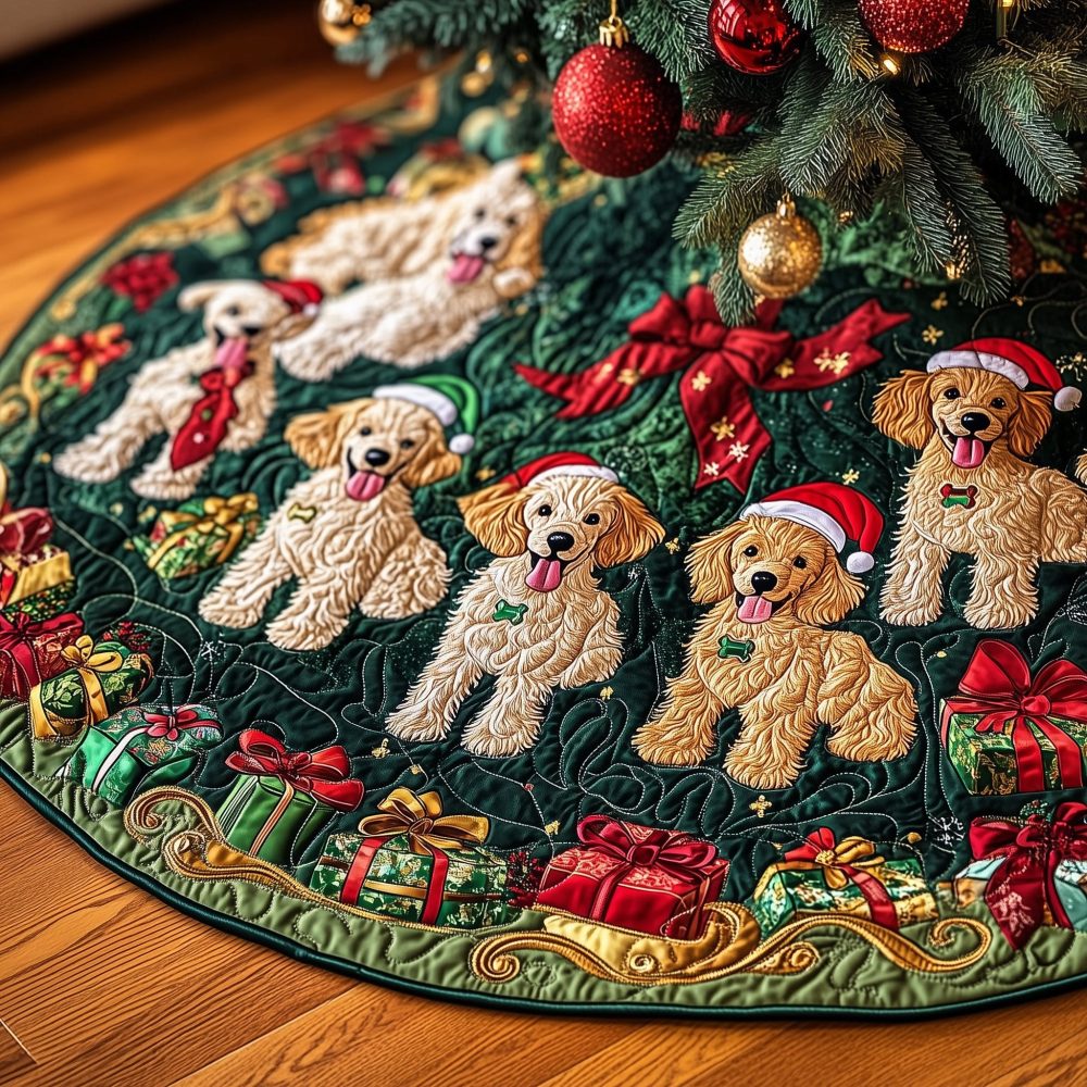 Doodle Six Gift Border Tree Skirt — Personalized Six-Dog Holiday Skirt With Festive Gift Motif, Handmade, Made-To-Order
