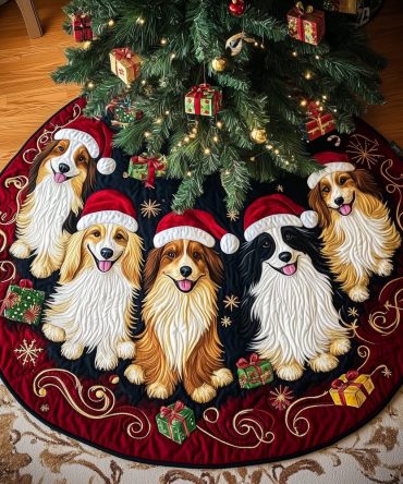 Sheltie Trio In Santa Hats Tree Skirt — Personalized Sheltie Holiday Skirt With Festive Dogs, Handmade & Made-To-Order