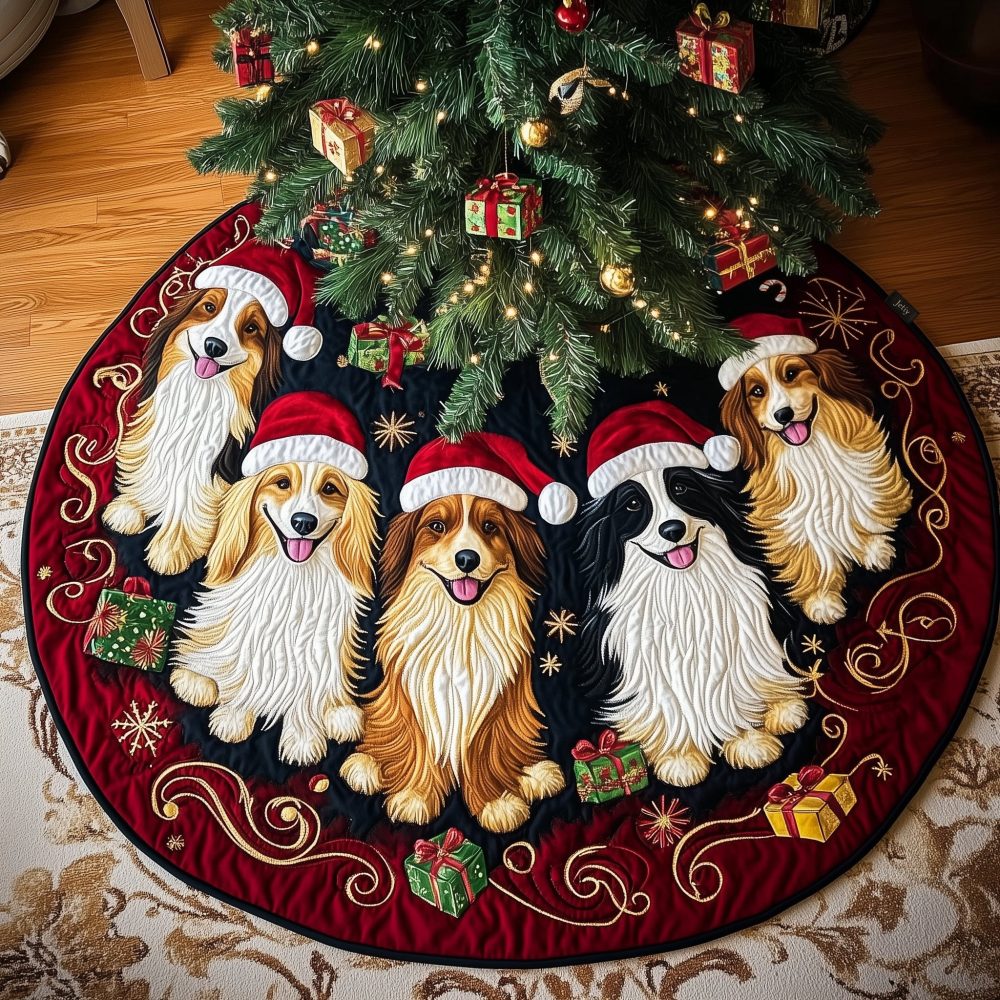 Sheltie Trio In Santa Hats Tree Skirt — Personalized Sheltie Holiday Skirt With Festive Dogs, Handmade & Made-To-Order