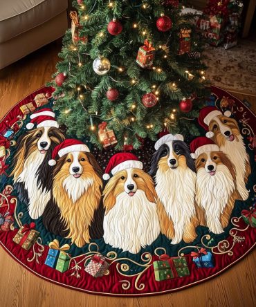 Sheltie Five Gift Ring Tree Skirt — Custom Shetland Sheepdog Holiday Skirt With Gift Motif, Handmade, Made-To-Order