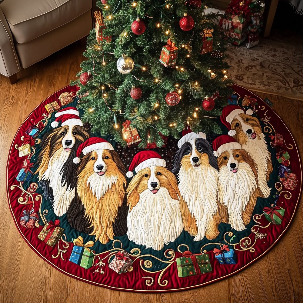 Sheltie Five Gift Ring Tree Skirt — Custom Shetland Sheepdog Holiday Skirt With Gift Motif, Handmade, Made-To-Order