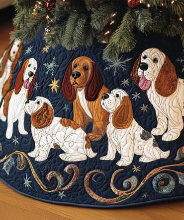 Navy Tree Skirt With Basset Hounds & Gold Swirls - Custom Handmade Christmas Skirt, Elegant Pet-Themed Holiday Accent