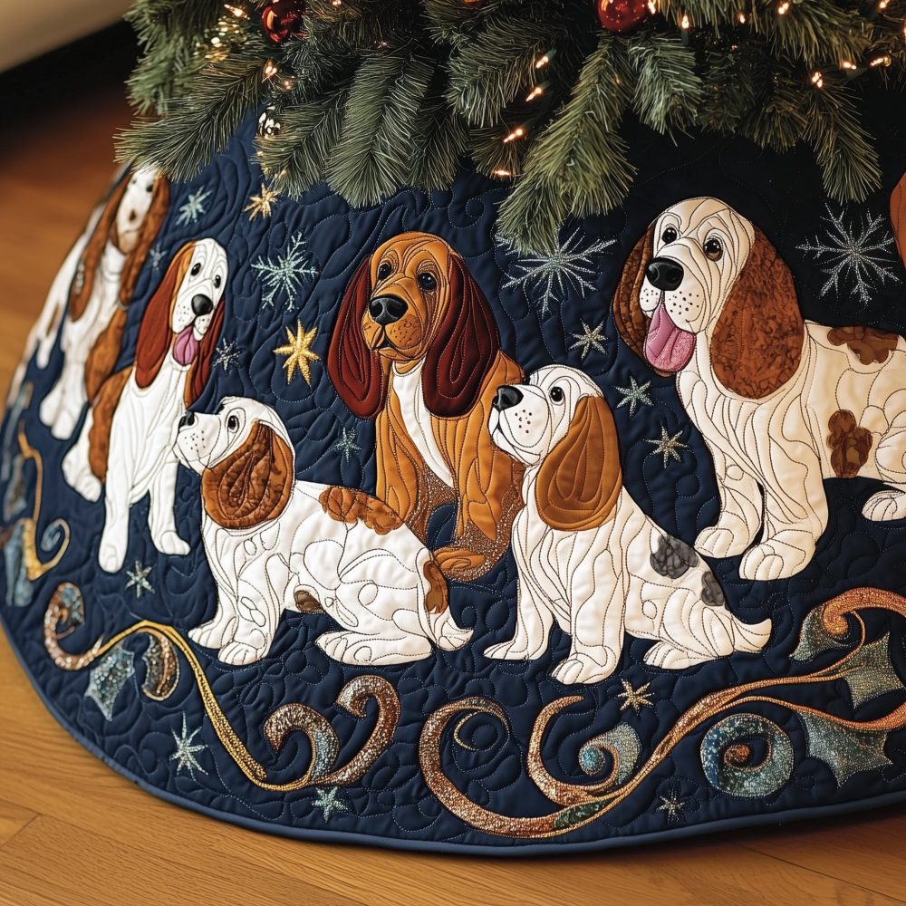 Navy Tree Skirt With Basset Hounds & Gold Swirls - Custom Handmade Christmas Skirt, Elegant Pet-Themed Holiday Accent