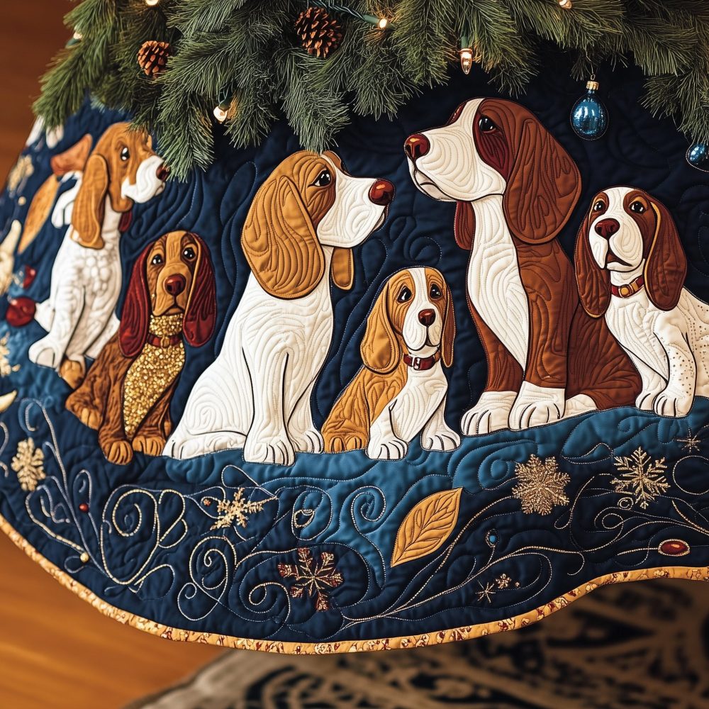 Beagle Snowflake Band Tree Skirt - Custom Blue Christmas Skirt With Festive Snowflake Pattern, Handmade Holiday Accent