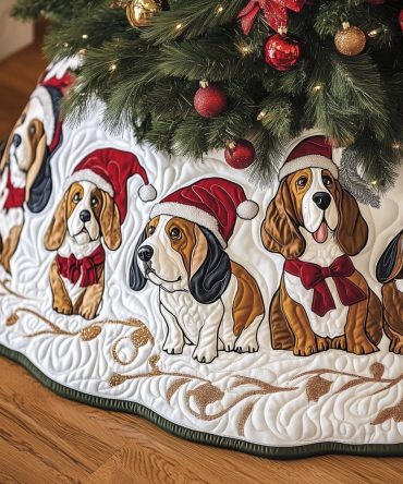 Basset Hounds In Santa Hats White Tree Skirt - Custom Handmade Christmas Skirt, Festive Pet-Themed Holiday Decor