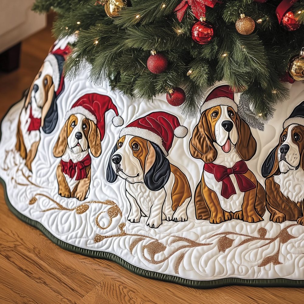Basset Hounds In Santa Hats White Tree Skirt - Custom Handmade Christmas Skirt, Festive Pet-Themed Holiday Decor