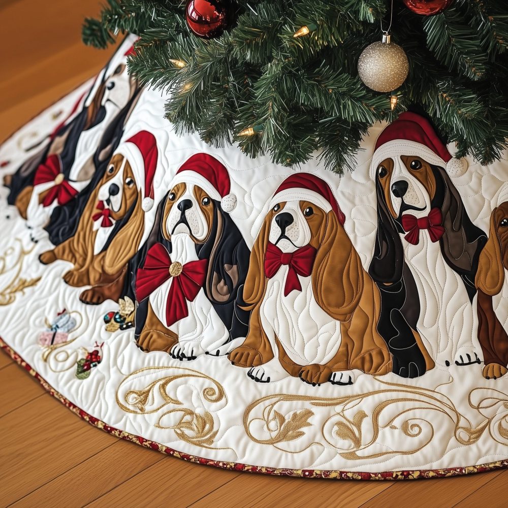 Cream Tree Skirt With Basset Hounds & Red Bows - Custom Handmade Christmas Skirt, Classic Holiday Pet Decor, Made-To-Order