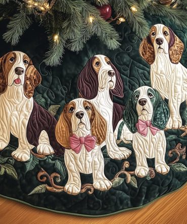 Charming Basset Hounds On Green Tree Skirt With Pink Bows - Custom Handmade Christmas Skirt, Pet Lover Holiday Decor