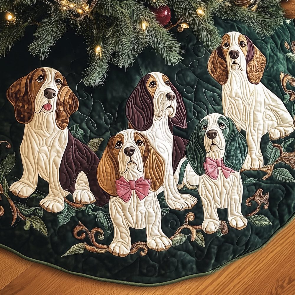 Charming Basset Hounds On Green Tree Skirt With Pink Bows - Custom Handmade Christmas Skirt, Pet Lover Holiday Decor