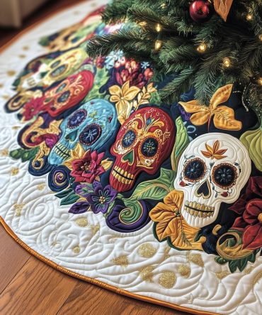 Rainbow Sugar Skulls On White Tree Skirt — Bright Day Of The Dead Holiday Skirt, Custom Personalized, Made-To-Order