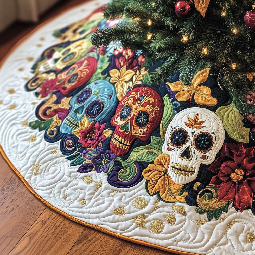 Rainbow Sugar Skulls On White Tree Skirt — Bright Day Of The Dead Holiday Skirt, Custom Personalized, Made-To-Order